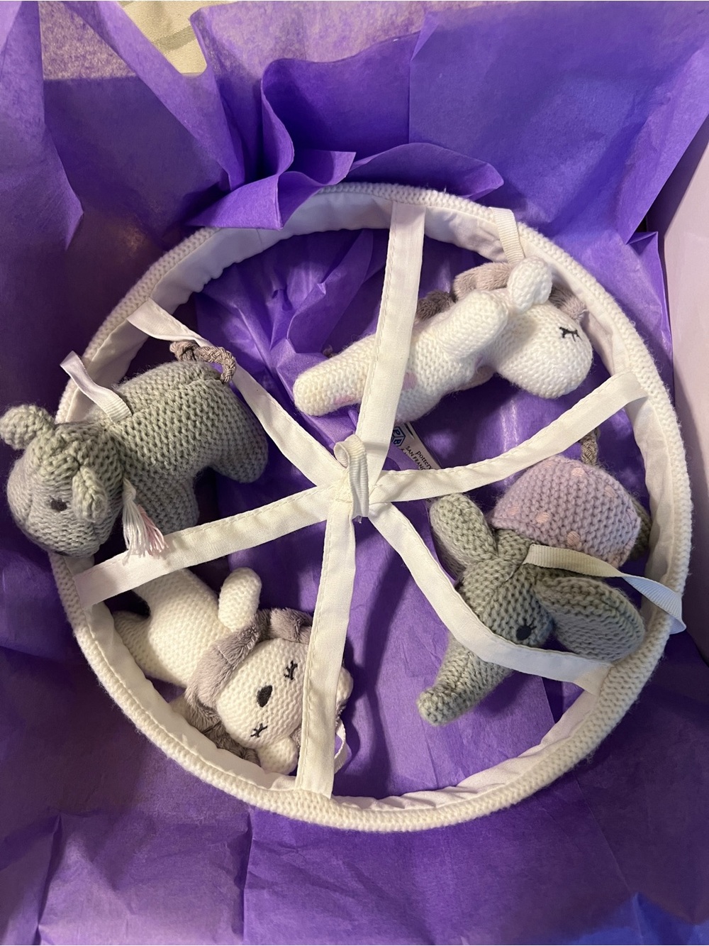 Pottery Barn Kids Knit Animal Mobile - Lavender, Gray, White and crib arm
New